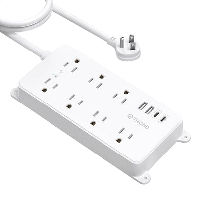 TROND Surge Protector Power Strip 10ft, ETL Listed, Flat Plug Long Extension Cord with 2 USB A and 2 USB C, 7 Widely-Spaced Outlets, Wall Mountable, 1700 Joules, White