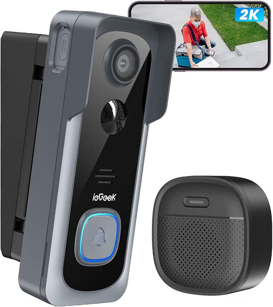 ieGeek Wireless Doorbell Camera No Subscription with Adjustable Angle Mount, 2K Smart Video Doorbell with Indoor Chime, Motion Detection, Real-time Alert, 2-Way Talk Voice Changer, Only 2.4GHz WiFi