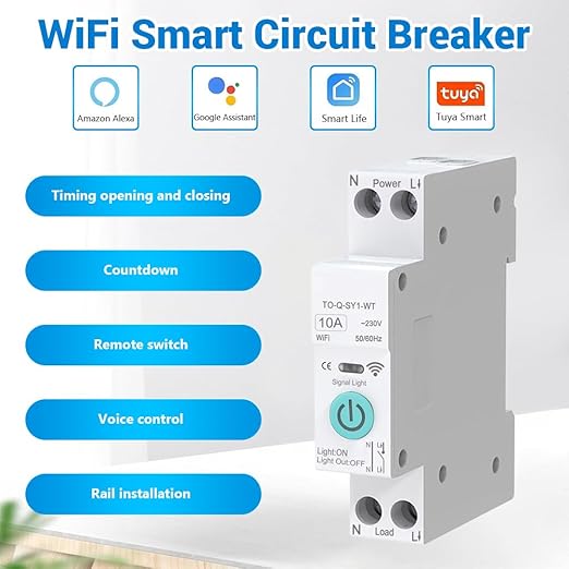 WiFi Circuit Breaker, 1P+N 10A 230V Smart Home Wireless Remote Control Switch Timer Voice Control Compatible with Smart Life TUYA APP DIN Rail Mounted