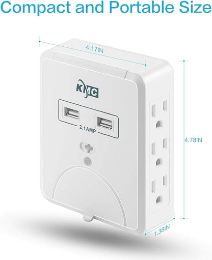 KMC Wall Surge Protector,6 Outlet Wall Mount Power Strip with 2 USB Charging Ports Total 2.4 AMP,Dual Slide-Out Smartphone Holders Design, Portable for Travel/Home/Office Use,ETL Certified
