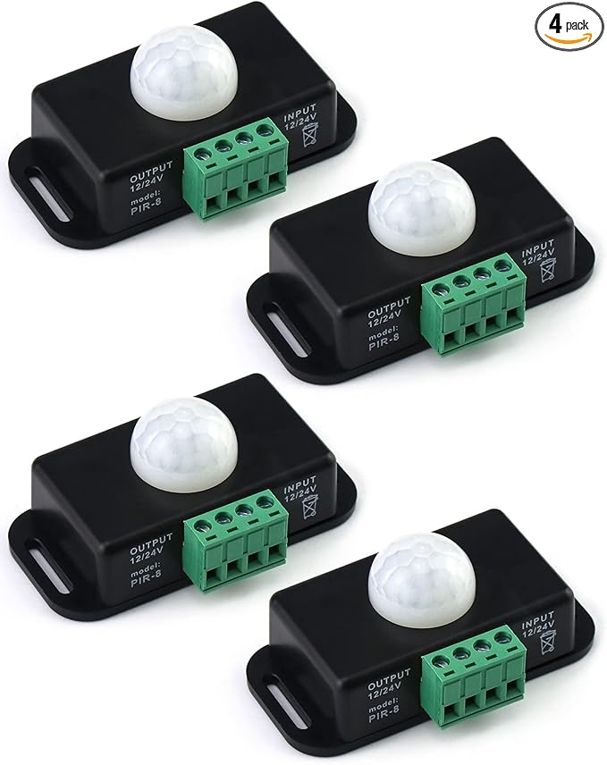 QWORK Motion Sensor LED Switch (4 Pack) with Timer Function, 12-24V, 6A, 5-8M Induction Distance, 1-10 Min Adjustable Delay Time, 60 Degree Field of View