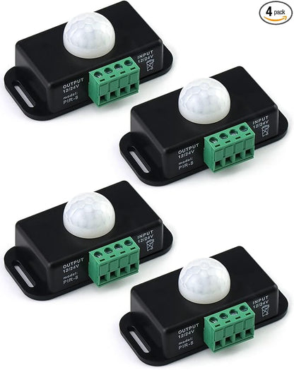 QWORK Motion Sensor LED Switch (4 Pack) with Timer Function, 12-24V, 6A, 5-8M Induction Distance, 1-10 Min Adjustable Delay Time, 60 Degree Field of View