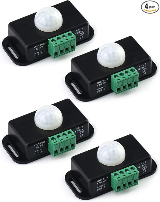 QWORK Motion Sensor LED Switch (4 Pack) with Timer Function, 12-24V, 6A, 5-8M Induction Distance, 1-10 Min Adjustable Delay Time, 60 Degree Field of View