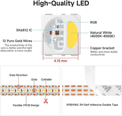 BTF-LIGHTING RGB+Natural White SK6812 LED Strip 3.28FT 144LED IP30 DC12V | RGBW Individually Addressable UL Listed 4 Colors in 1 Light (Similar WS2812B) White PCB(No Adapter or Controller)