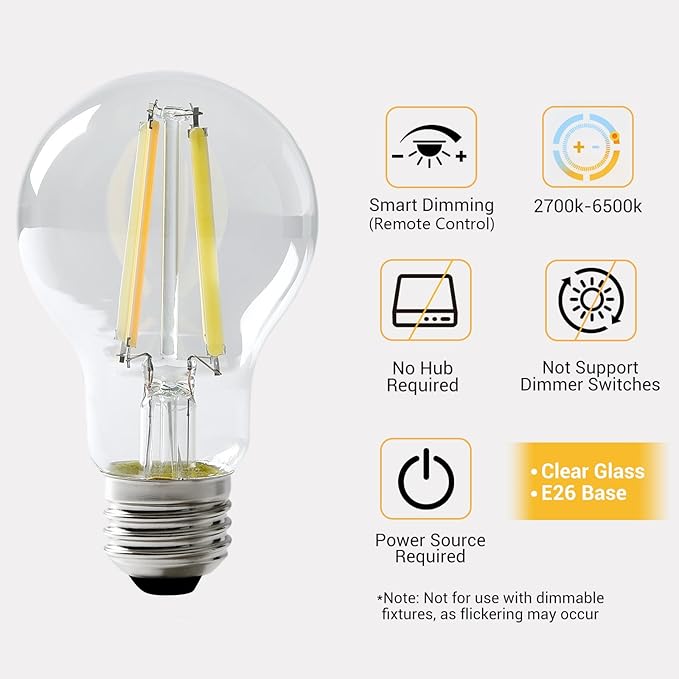 Smart Light Bulbs,Remote Control LED Light Bulb,Vintage Edison Bulbs Remote Control,800LM 6W (60W Equivalent),Dimmable 2700k-6500k,A60A19,E26 Base
