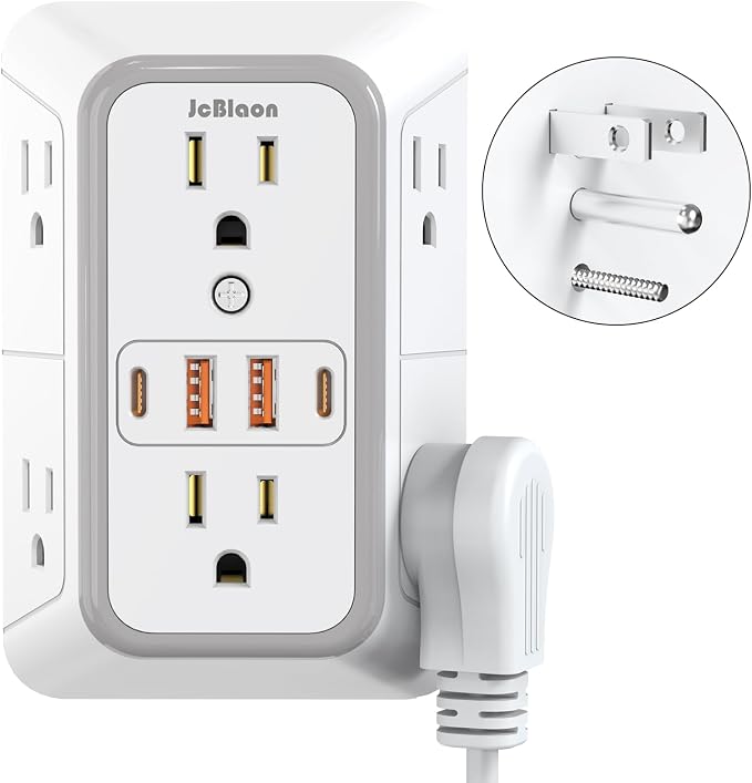 JcBlaon Outlet Extender Surge Protecto, 6 Outlet Extender with 4 USB Ports, 3 Sided 1050J Power Strip, Multiple Plug Expander Wall Charger for Home Office Travel-ETL