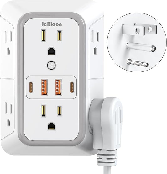JcBlaon Outlet Extender Surge Protecto, 6 Outlet Extender with 4 USB Ports, 3 Sided 1050J Power Strip, Multiple Plug Expander Wall Charger for Home Office Travel-ETL