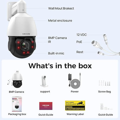 VIKYLIN 4K PoE PTZ Camera for Outdoor Security, 25X Zoom PoE Surveillance Camera System, Human Vehicle Detection, Two-Way Audio, IR Night Vision 328ft, Smart Tracking, 24/7 Recording