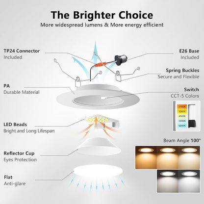 LVWIT LED Recessed Light 6Inch, Can Lighting Color Selectable 2700/3000/4000/5000/6000K 5CCT, 10W(120W Equivalent) Dimmable Downlight with E26 Conversion Kit, Retro Fit Ceiling Light Fixtures, 12 Pack
