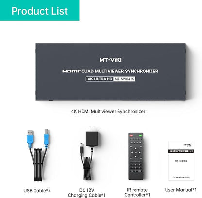 MT-VIKI HDMI KVM Multiviewer w/Audio, 4K@30Hz Quad-View HDMI Multiviewer, Support Keyboard Hotkey/Mouse-Crossing Switching, PIP POP