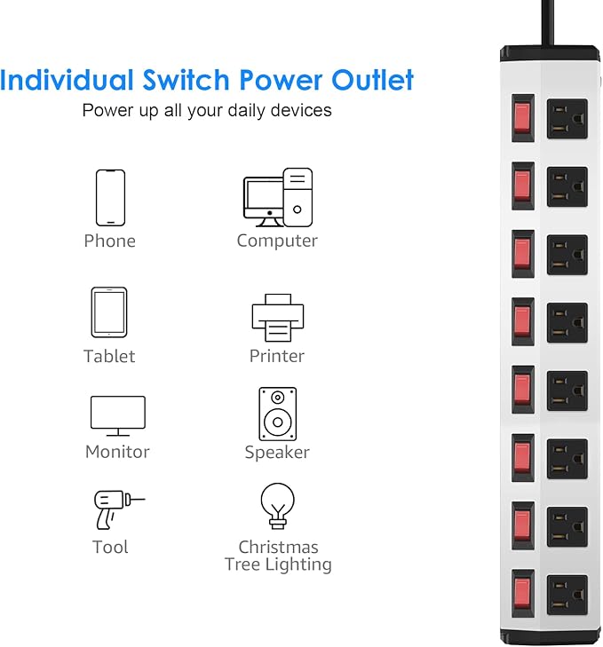 8 Outlet Metal Power Strip with Individual Switches,Heavy Duty Appliance Power Strip with Flat Plug,1200J Surge Protector,10FT Extension Cord,15A 120V 1800W,Home Office School Shop Industrial