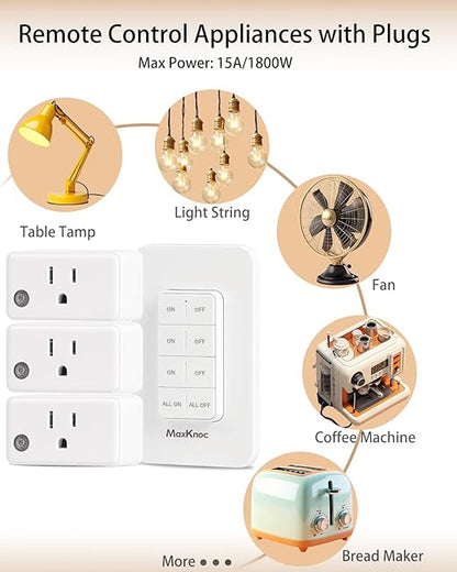Remote Control Outlet, Wireless Wall Mounted Light Switch Kit, FCC & ETL Listed, Programmable and Expandable, No Wiring, 200Ft RF Range, 15A/1800W, 1 Remote + 3 Outlets