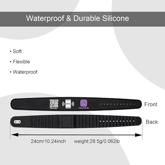 Smart NFC Social Media Wristband – Silicone QR Bracelet for Facebook, Instagram & Google Reviews | Waterproof | Lifetime Link Update | Analytics Dashboard (NFC-WB-INS-BLK-V1)