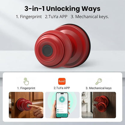 Smart Fingerprint Door Lock Knob, Tuya App Keyless Entry, Red