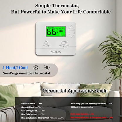 NonProgrammable Thermostat for House, Single-Stage Systems,Digital Energy-Saving Thermostat,1 Heat/1 Cool, Easy DIY Install，Green Backlight