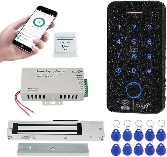 Fingerprint Access Control System WiFi Tuya IP68 Biometrics RFID Keypad 125KHz 13.56MHz, 280KG 600lb Electromagnetic Door Lock Kit, 12VDC Power Supply with 10PCS Key fobs
