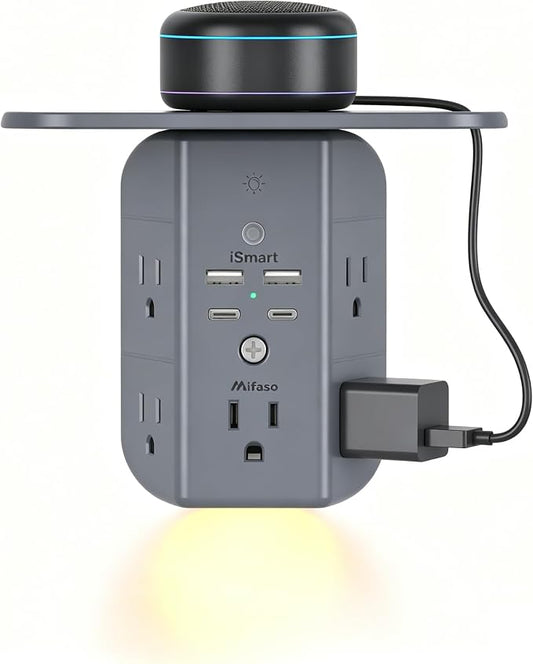 Wall Outlet Extender with Shelf and Night Light, Surge Protector, USB Wall Charger with 5 AC Outlets and 2 USB A Ports 2 USB C Ports Wide Space 3-Sided Power Strip Multi Plug Outlets, Gray