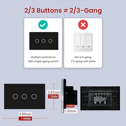 Smart Switch 4.65 X 2.83 X 1.34 Inches Light Switch,No Need Neutral Wire/Neutral Wire Required,2.4GHz WiFi,Works with Alexa/Tuya/Smart Life, Glass Panel,Black 3 Button