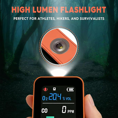 Portable Outdoor Environmental Monitor with O₂ & CO Level Tracking, Barometric Pressure, Temperature & Humidity, LED Flashlight and Stopwatch, Rechargeable Handheld Device for RV & Camping
