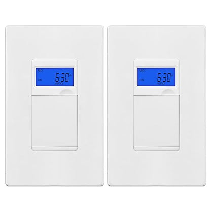 ENERLITES 7 Days Digital in-Wall Programmable Timer Switch for Lights, Fans, and Motors, Neutral Wire Required,7-Day 18 ON/Off Timer Settings, with Blue Backlight, UL Listed, HET01, White, 2 Pack | UL Listed, Digital In-Wall Switch Timer with 18 ON/OFF...