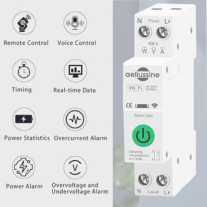 WiFi Smart Switch, 1-63A Adjustable WiFi Circuit Breaker, Smart Life/Tuya APP Remote Control Monitor Voltage Power Energy Usage, Compatible with Alexa Google Home, DIN Rail Mountable