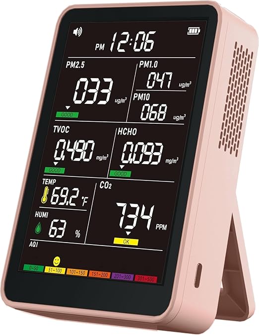 Professional Indoor Air Quality Monitor with AQI Alerts, Portable Real-Time Detector for Home, Car, Plants & Pets (Rose Gold)