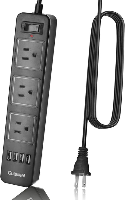 10FT 2 Prong Power Strip, USB Power Strip with 10ft Extension Long Cord, 3-Outlet Surge Protector with 4 USB Charging Ports for Smartphone, Black, 2 Pronged