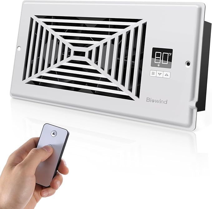 BIOWIND Quiet Register Booster Fan Fits 4" x 10" Register Holes, 10-Speed Smart Heating Cooling AC Vent Fan with Remote Control and Thermostat Control - White