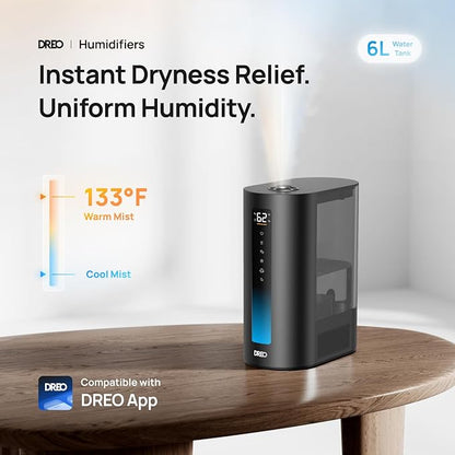 DREO 6L Humidifiers for Bedroom, Smart Warm & Cool Mist for Large Room, 60Hr Quiet Runtime for Baby, Plant, Humidity Sensor, Indicator Light, 12H Timer, Google/Alexa, Black