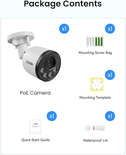ZOSI 4K PoE Add on Security Camera,8MP Indoor Outdoor Bullet CCTV Surveillance IP Camera with Person Vehicle Detection,One-Way Audio,Metal Housing,Only Compatible with Same Brand 8MP/4K POE NVR