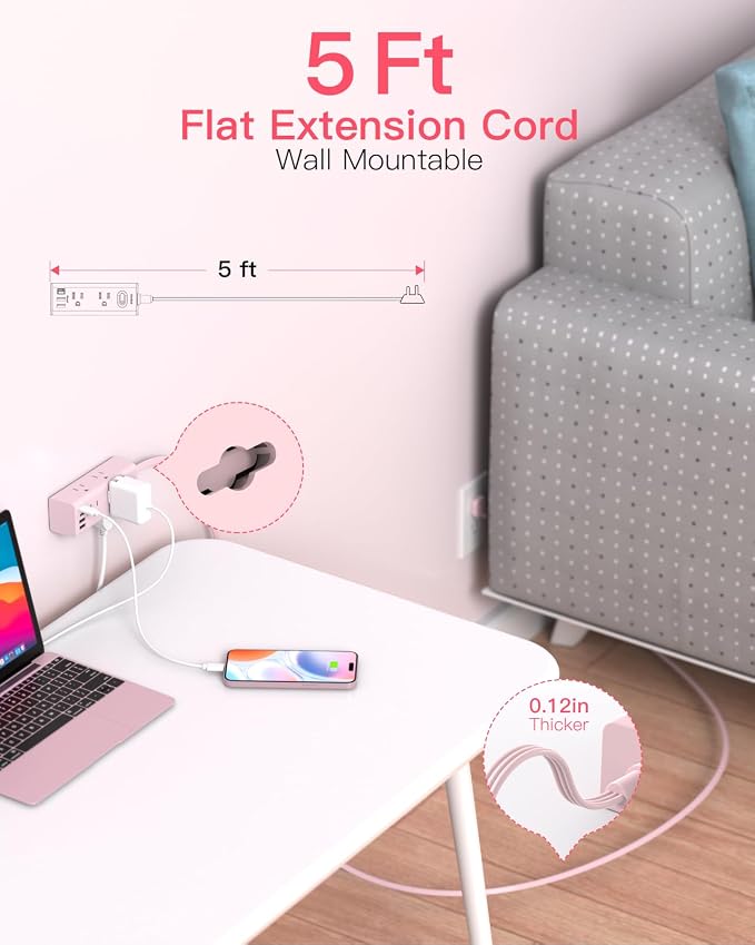 5Ft Extension Cord with Multiple Outlets, Flat Plug Power Strip Surge Protector with 5 Ft Long Cord, 6 Outlet 4 USB Ports (2 USB C), Multi Outlet Wall Plug for College, Dorm Room Essentials(Pink)