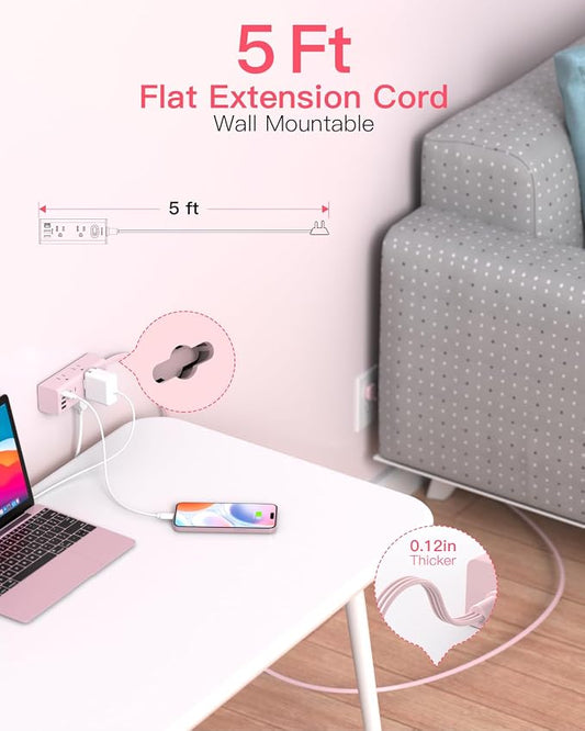 5Ft Extension Cord with Multiple Outlets, Flat Plug Power Strip Surge Protector with 5 Ft Long Cord, 6 Outlet 4 USB Ports (2 USB C), Multi Outlet Wall Plug for College, Dorm Room Essentials(Pink)