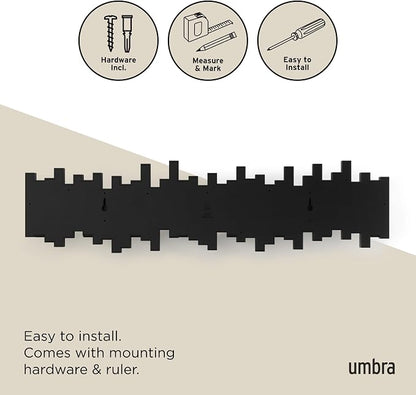 Umbra Sticks Wall Coat Rack, Wall Mount 8 Retractable Hooks, Black | Modern sculptural look, holds five pounds each, fits entryways and bedrooms, easy to install, recycled plastic