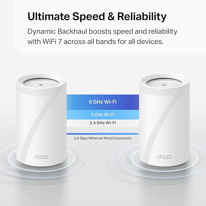 TP-Link Deco 7 Pro BE63 Tri-Band WiFi 7 BE10000 Whole Home Mesh System- 6-Stream 10 Gbps, 4X 2.5G Ports Wired Backhaul, 4X Smart Internal Antennas, VPN, HomeShield, Free Expert Support (1-Pack)