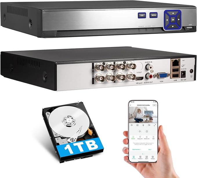 KERUI 8Channel Security DVR Recorder 5MP Security Camera DVR System H.265+ for up to 5MP AHD/TVI/CVI/CVBS/XVI Cameras, Remote Access, Smart Playback(with 1TB Hard Drive)
