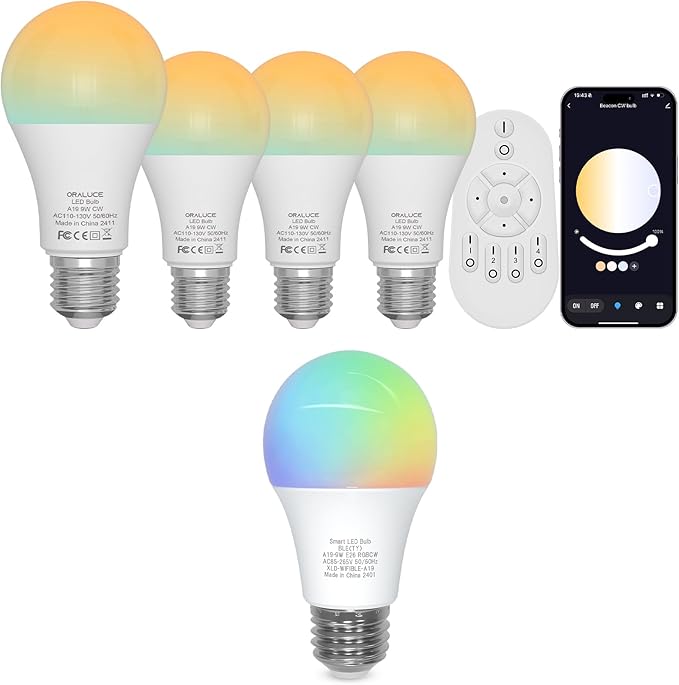 ORALUCE 丨 Bundle - LED Light Bulbs 4 Pack with Remote Control & A19 E26 Bluetooth Smart LED Light Bulb (Pack of 1)