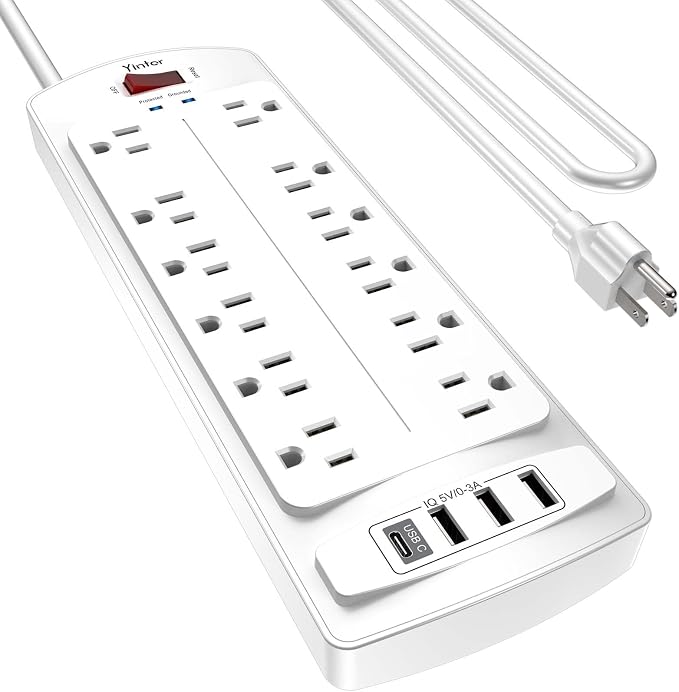 Yintar 6Ft Surge Protector Power Strip with 12 Outlets and 4 USB Ports | 10 Feet Flat Plug Extension Cord with Multiple Outlets for Home, Office, Dorm Essentials, 2700 Joules, ETL, White