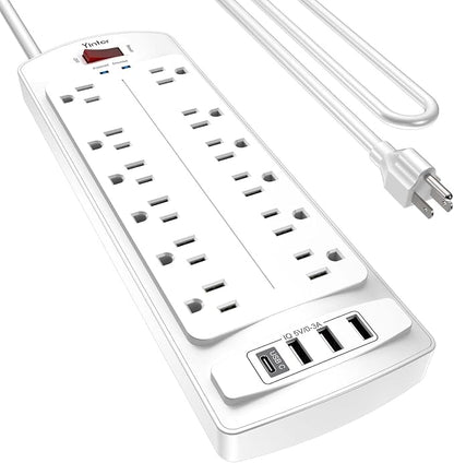 Yintar 6Ft Surge Protector Power Strip with 12 Outlets and 4 USB Ports | 10 Feet Flat Plug Extension Cord with Multiple Outlets for Home, Office, Dorm Essentials, 2700 Joules, ETL, White