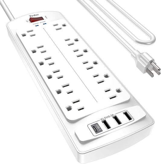 Yintar 6Ft Surge Protector Power Strip with 12 Outlets and 4 USB Ports | 10 Feet Flat Plug Extension Cord with Multiple Outlets for Home, Office, Dorm Essentials, 2700 Joules, ETL, White