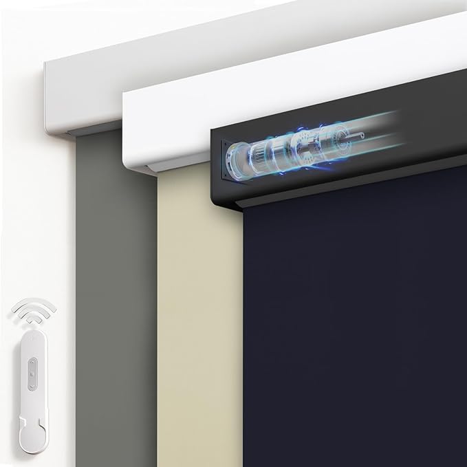 Motorized Blinds with Remote, Blackout Rechargeable Automatic Roller Shades, Cordless Smart Blinds Compatible with Alexa, Custom Blind for Indoor Windows, Photo Film Midnight Blue