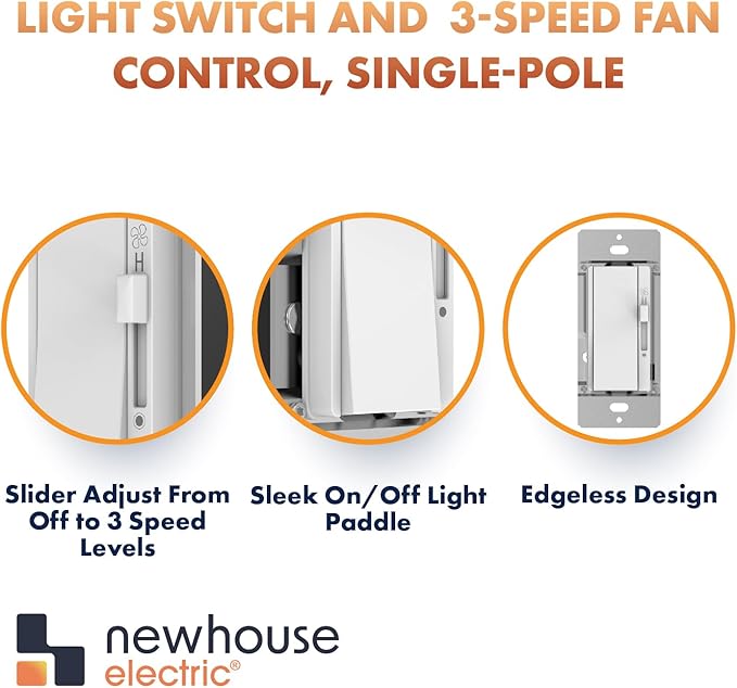Newhouse Electric Single-Pole Light Switch and 3-Speed Fan Control TLFC-300W, Modern Wall Light and Fan Control Switch for Contemporary Interiors