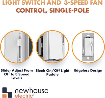 Newhouse Electric Single-Pole Light Switch and 3-Speed Fan Control TLFC-300W, Modern Wall Light and Fan Control Switch for Contemporary Interiors