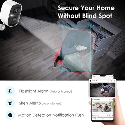 GMK Security Camera Wireless Outdoor, 2K Color Night Vision AI Motion Detection 2-Way Talk Battery Powered WiFi Home Indoor Camera IP65 Weatherproof Webcams Spotlight Siren Alarm Cloud/SD Storage