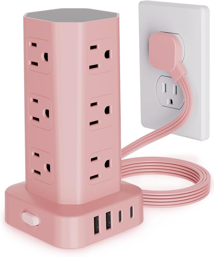 Power Strip Tower Surge Protector, 6FT Flat Plug Extension Cord with Multiple Outlets, 12 AC Outlets 4 USB (2 USB C), Desktop Charging Station with Surge Protection for Home Office Dorm Room, Pink