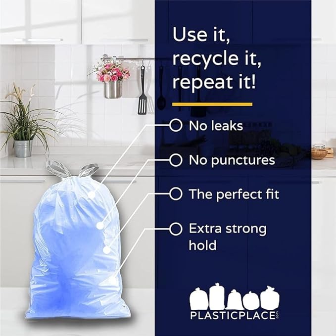Plasticplace Custom Fit Blue Drawstring Trash Bags, Compatible with Simplehuman Code H, Tear-Resistant, Scent-Free, for Indoor Use Home Office Trashbags (100 Count), 8-9 Gallon / 30-35L, 18.5" x 28"