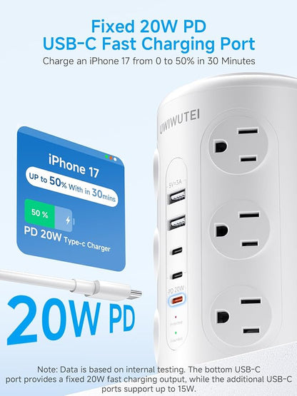 Tower Power Strip with Wireless Charging & Night Light - PD20W Fast Charging Station,12 Outlets, 5 USB (3 USB-C),1800J Protection, 10FT Extension Cord, Home Office Essentials(White)