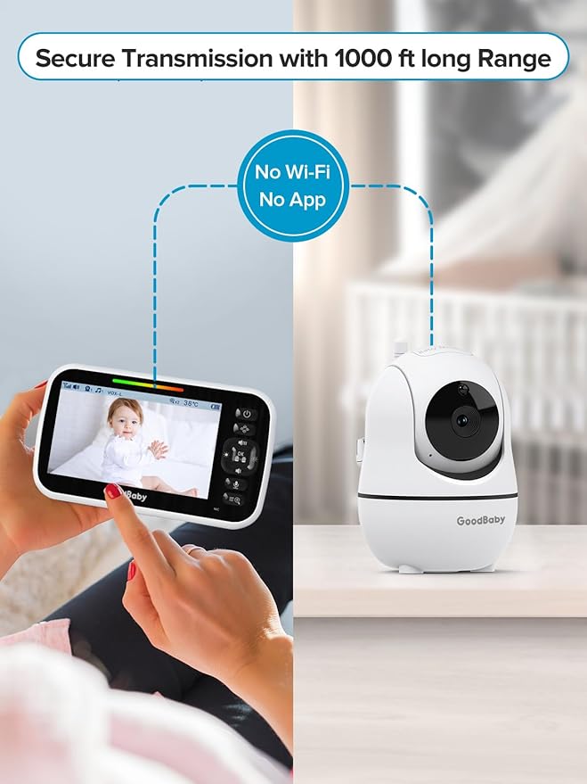 GoodBaby 5" Baby Monitor with 3 Cameras and Audio, No WiFi Secure Camera, 30-Hour Battery, Remote PTZ, Auto Night Vision, Room Temperature, Two-Way Audio，Lullabies，960 ft Range