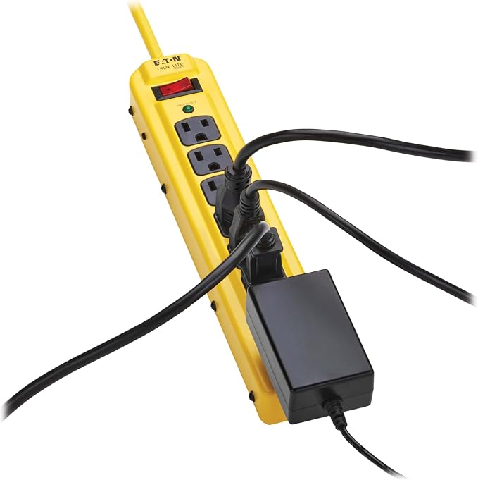 Eaton Tripp Lite Series TLM704SA Heavy Duty Power Strip with Surge Protection, 7 Outlets, 450 Joules, 4ft Cord, Yellow Metal Housing, Under Desk & Wall Mountable, Cord Wrap, Industrial Garage Shop