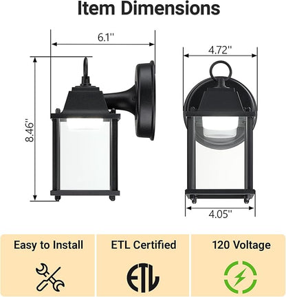 LIT-PaTH Outdoor LED Wall Lantern, Wall Sconce as Porch Lighting Fixture, 5000K Daylight White, 9.5W 800 Lumen, Aluminum Housing Plus Glass, Black Finish, 1-Pack