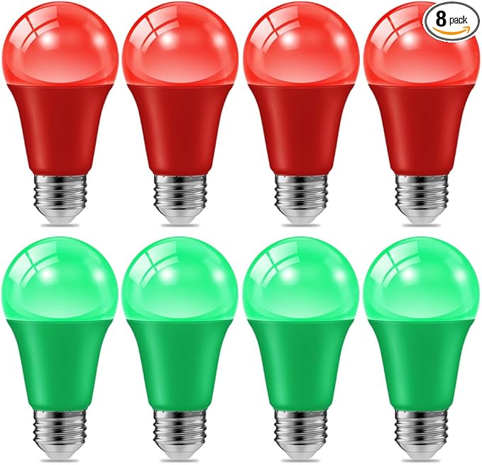 haraqi 8 Pack 9W (60W Equivalent) 120V E26 Base A19 LED Colored Light Bulb, Red Green LED Lights for Party Christmas Decor and Halloween Lighting